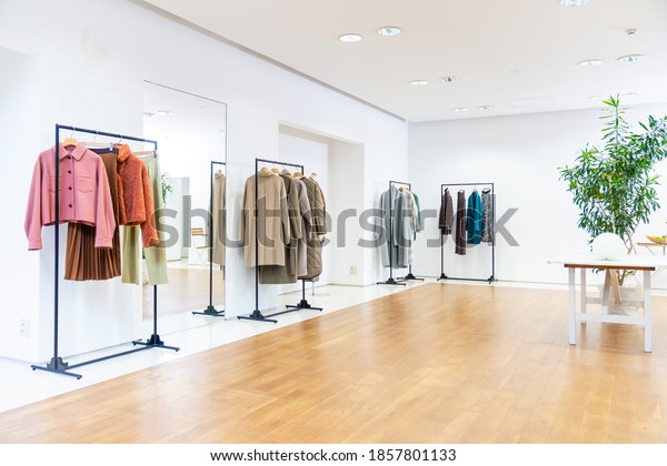 Interior of apparel\
store. Clothing store.