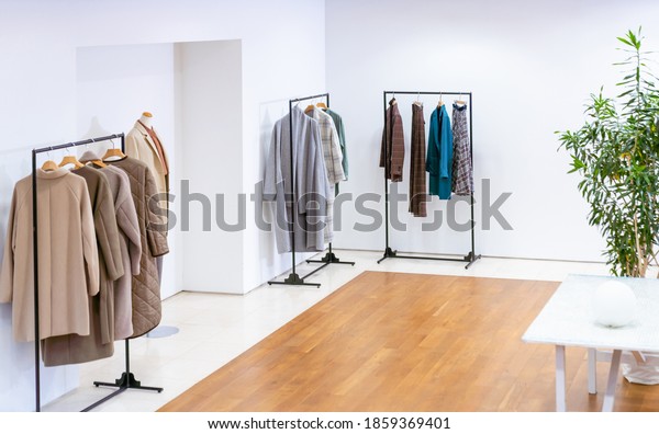 Interior of apparel\
store. Clothing store.