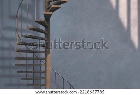 Interior architecture background of the old metal spiral staircase on concrete loft wall inside of vintage living room 