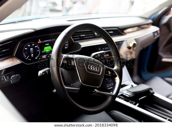 Interior of the Audi e-tron Electric Car. Electric\
car with integrated renewable energy solutions. Russia July 30,\
2021\
