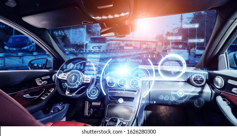 Interior Of Autonomous Car. Driverless Vehicle. Self Driving. UGV. Advanced Driver Assistant System.