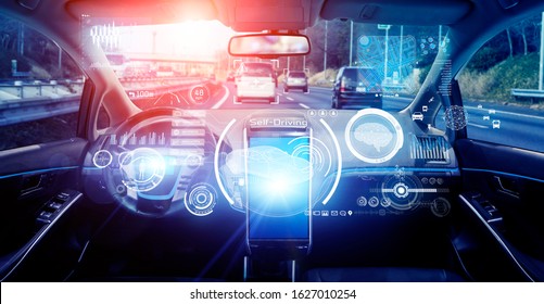 Interior Of Autonomous Car. Driverless Vehicle. Self Driving. UGV. Advanced Driver Assistant System.