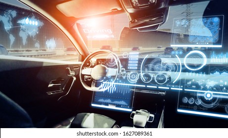 Interior Of Autonomous Car. Driverless Vehicle. Self Driving. UGV. Advanced Driver Assistant System.