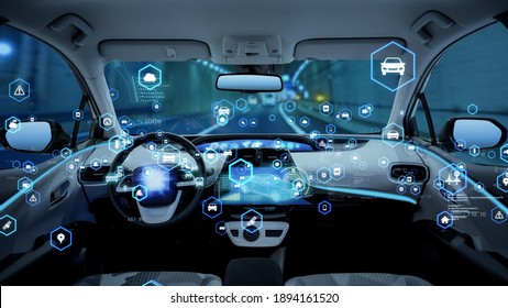 Interior Of Autonomous Car. Driverless Vehicle.