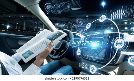 Interior of autonomous car. Driverless vehicle. Driving assist system. HUD (Heads up display). - Powered by Shutterstock