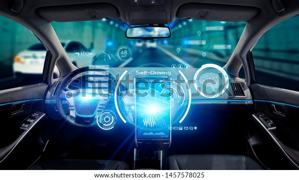 Interior of autonomous car. Driverless vehicle. Self\
driving. UGV.