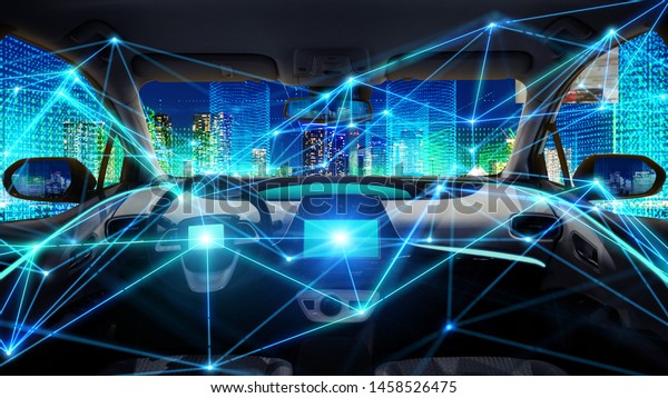 Interior of autonomous car.\
Driverless vehicle. Self driving. UGV. Advanced driver assistant\
system.