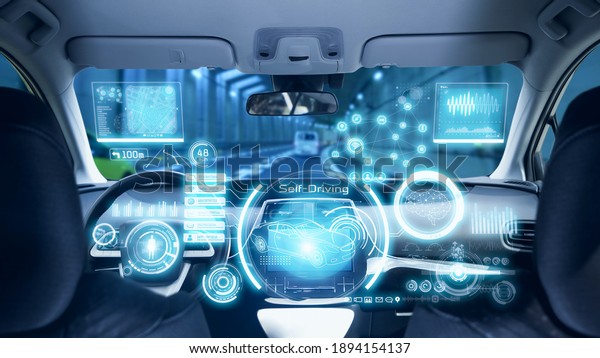 Interior of\
autonomous car. Driverless\
vehicle.