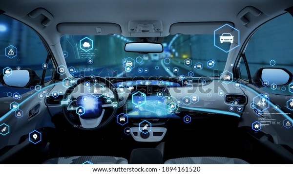 Interior of\
autonomous car. Driverless\
vehicle.