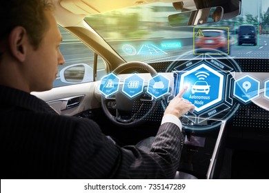 Interior Of Autonomous Car. Self Driving Vehicle. Driverless Car.