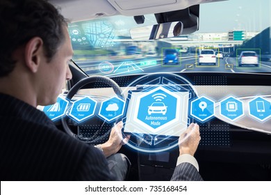 Interior Of Autonomous Car. Self Driving Vehicle. Driverless Car.