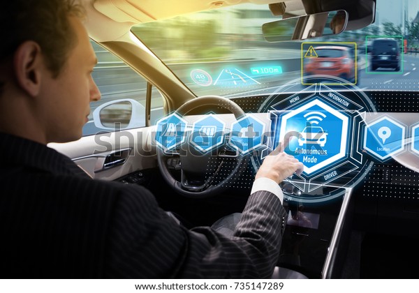 Interior of autonomous car. Self driving vehicle.
Driverless car.