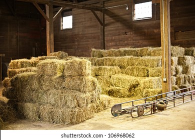 Interior of barn with hay bales stacks and conveyor belt