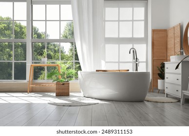 Interior of bathroom with bathtub, curtain and big window - Powered by Shutterstock