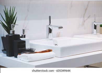 Interior Of Bathroom With Sink Basin Faucet. Modern Design Of Bathroom