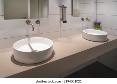 Interior Of Bathroom With Washbasin And Faucet. Public Bathroom In The Airport Or Restaurant, Cafe, Office. Bathroom Interior Sink With Modern Design In Hotel