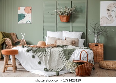 Interior Of Beautiful Modern Bedroom With Spring Flowers