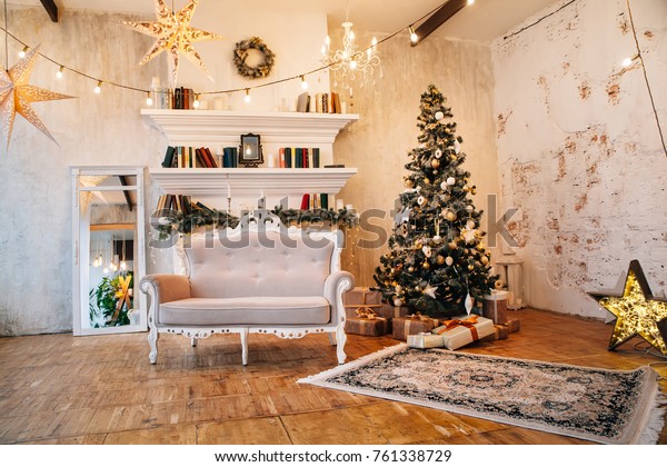 Interior Beautiful Room Christmas Decorations Stock Photo