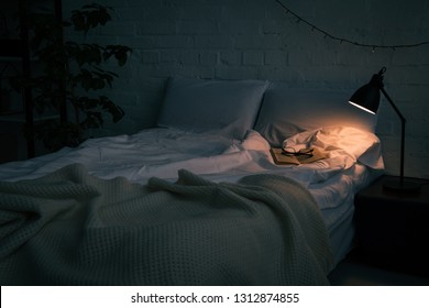 Interior of bedroom with book and glasses on empty bed, plant and lamp on black nightstand at night - Shutterstock ID 1312874855