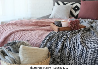 Interior Bedroom With Details On The Bed And Textiles Gray Pink Style