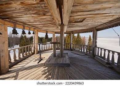 The Interior Of The Bell Tower Of An Old Wooden Church. Orthodox Traditional Architecture