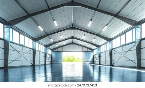 Interior of a bright hangar. industrial premises. 3d illustration - Powered by Shutterstock