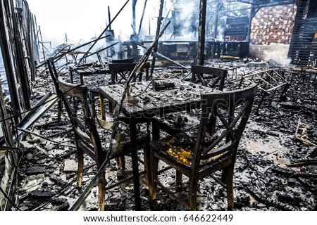 interior of burned-down wooden house