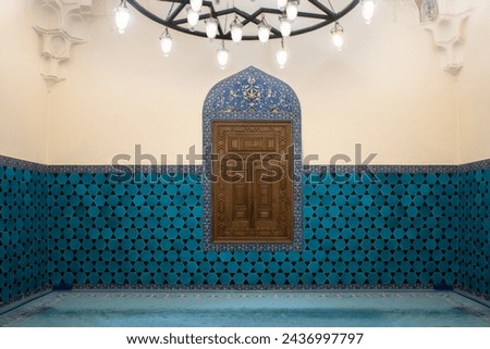 Interior of the Bursa Grand Mosque, Turkey, Turkiye, March 10, 2024. Blue mozaic, Islam Moslem style.