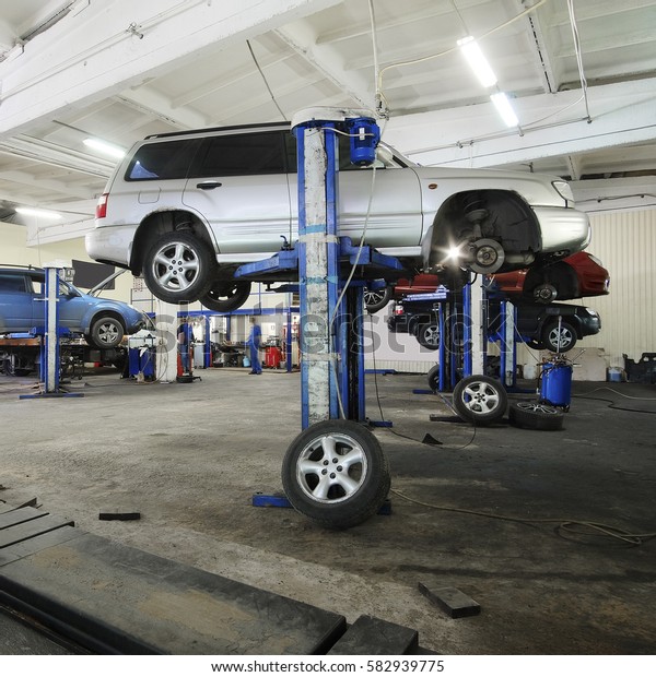 Interior of a car repair\
garage