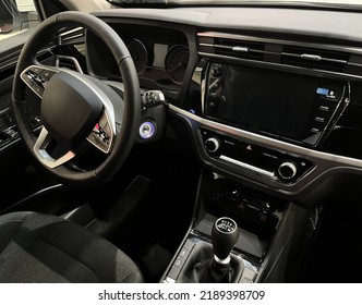 Interior Of The Car Interior. Steering Wheel, Dashboard, Computer Screen, Manual Transmission