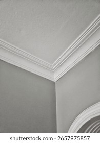 Interior ceiling corner with decorative plaster molding (crown molding). Minimalist white ceiling detail showcasing architectural trim and smooth wall transition.