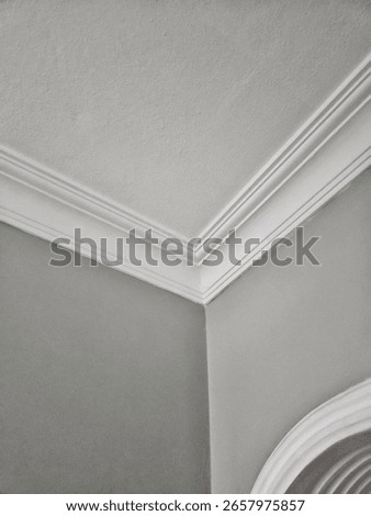 Interior ceiling corner with decorative plaster molding (crown molding). Minimalist white ceiling detail showcasing architectural trim and smooth wall transition.