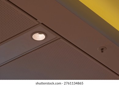 Interior ceiling featuring a recessed light fixture and a fire sprinkler system against a perforated panel and yellow wall background.