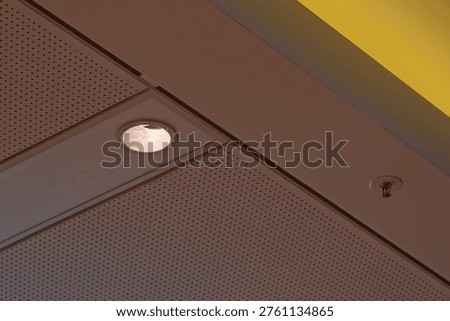 Interior ceiling featuring a recessed light fixture and a fire sprinkler system against a perforated panel and yellow wall background.