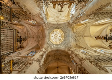 Interior ceiling and Gothic architecture details inside Burgos Cathedral, UNESCO site in Spain.