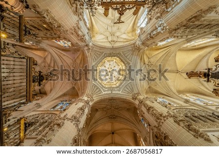Interior ceiling and Gothic architecture details inside Burgos Cathedral, UNESCO site in Spain.