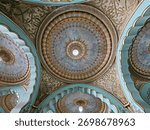 Interior ceiling of the Mysore Palace (Amba Vilas Palace) in Karnataka, India, showcasing the ornate and intricate Indo-Saracenic architectural style. The image highlights the detailed painting