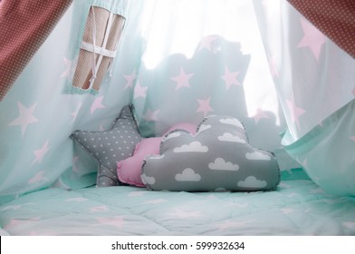 Interior of childs tent inside kids bedroom