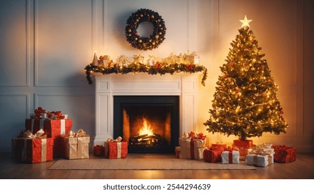 interior christmas. magic glowing tree, fireplace and gifts - Powered by Shutterstock