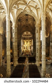 Interior of the church of The Hieronymites Monastery (Mosteiro dos Jeronimos). This UNESCO World Heritage site is located in the Belem district of Lisbon, Portugal.