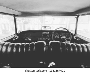 Interior of Citroen DS in black and white