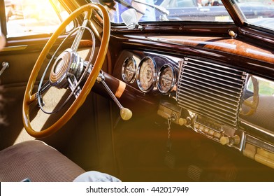 Interior Of A Classic Vintage Car With Sun Glare