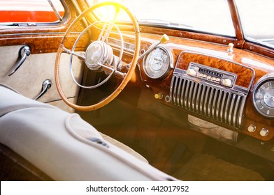 Interior Of A Classic Vintage Car With Sun Glare