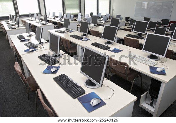 interior of classroom with\
computers