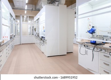 Interior of clean modern white medical or chemical laboratory background. Laboratory concept without people.