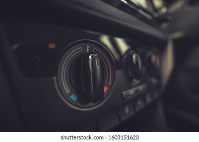 Interior Close Up Detail Of A Modern Car. Climate Control Dial To Adjust The Temperature Inside The Cabin.