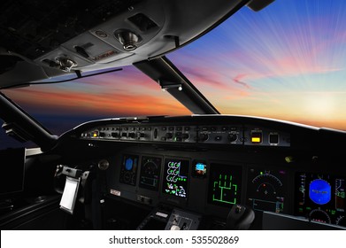 The interior of cockpit modern business jet, against a beautiful sky, background
