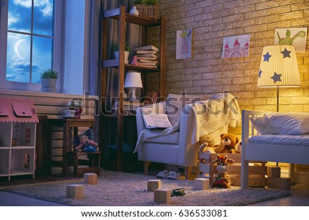 Interior of colorful kids bedroom for child girl.