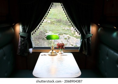 Interior compartment of vintage train carriage, Russia