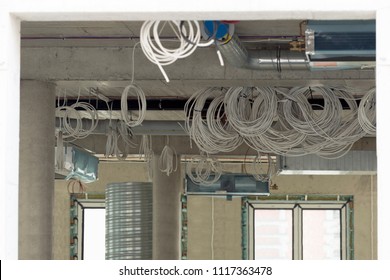 Interior Construction Site. Cabling And Wiring Of New Office Place